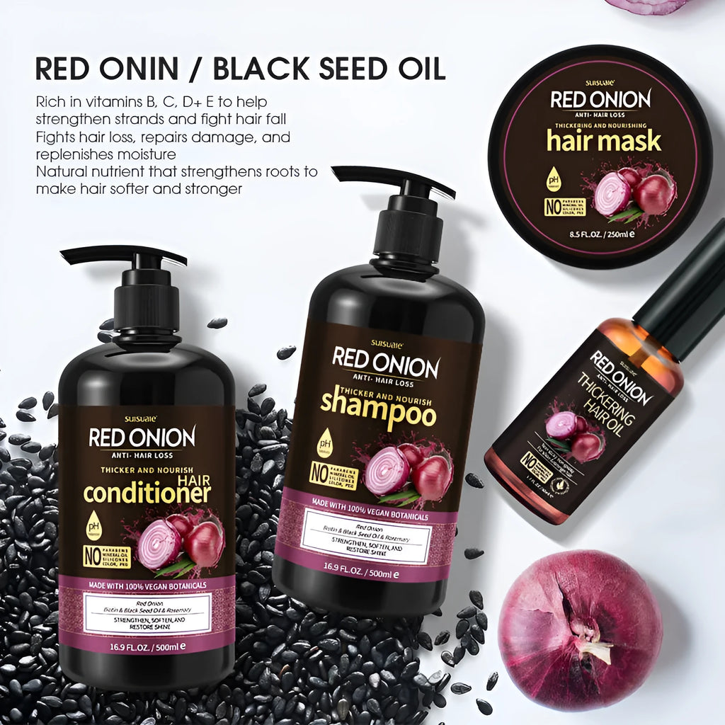 Red onion shampoo conditioner four-piece set showing 500ml shampoo, 500ml conditioner, 250ml hair mask, and 50ml essential oil bottles