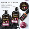 Red onion shampoo conditioner four-piece set showing 500ml shampoo, 500ml conditioner, 250ml hair mask, and 50ml essential oil bottles