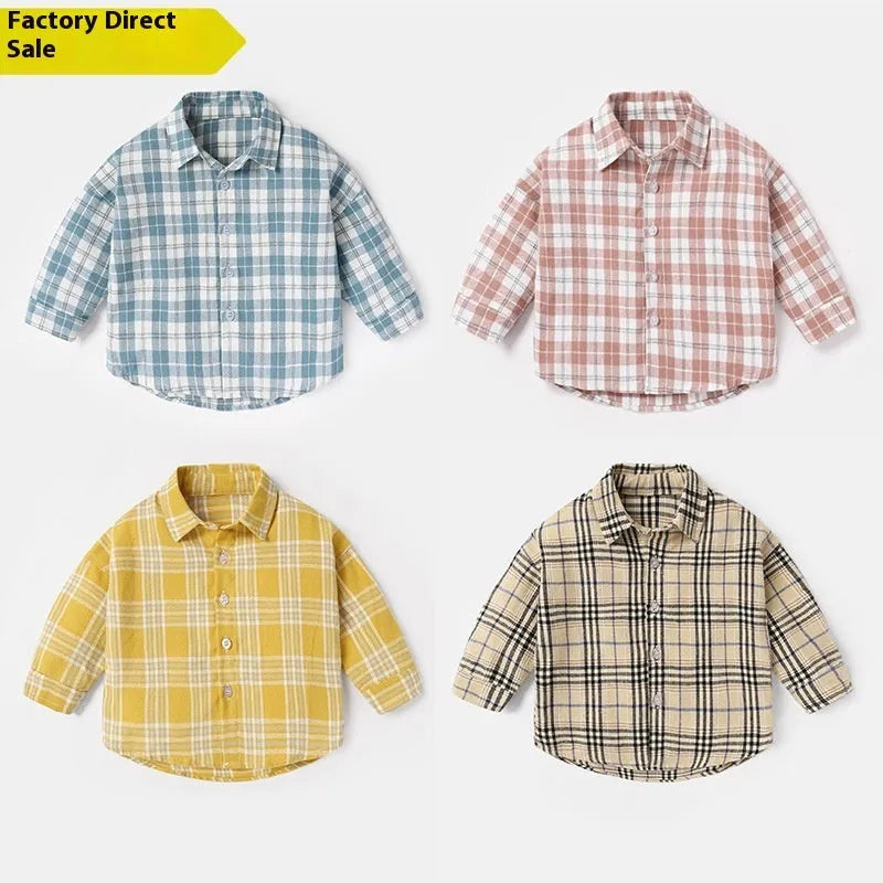Boy's cotton lattice pattern shirt with long sleeves in khaki colour