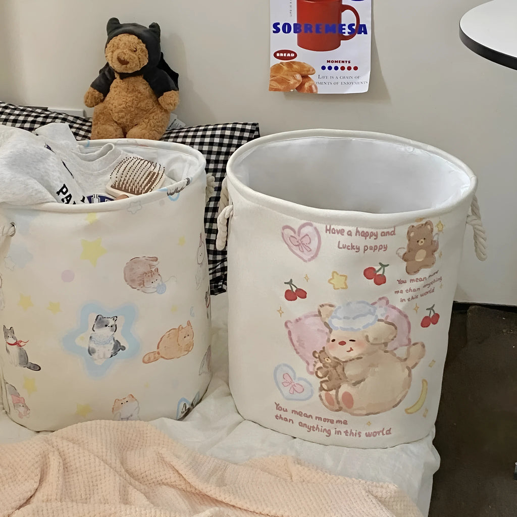 Foldable cotton laundry basket with modern design and pattern options for bedroom storage