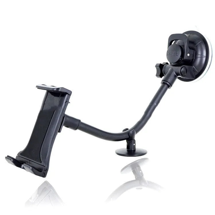 Black vehicle-mounted tablet and phone holder with lifting bracket and long suction cup arm.