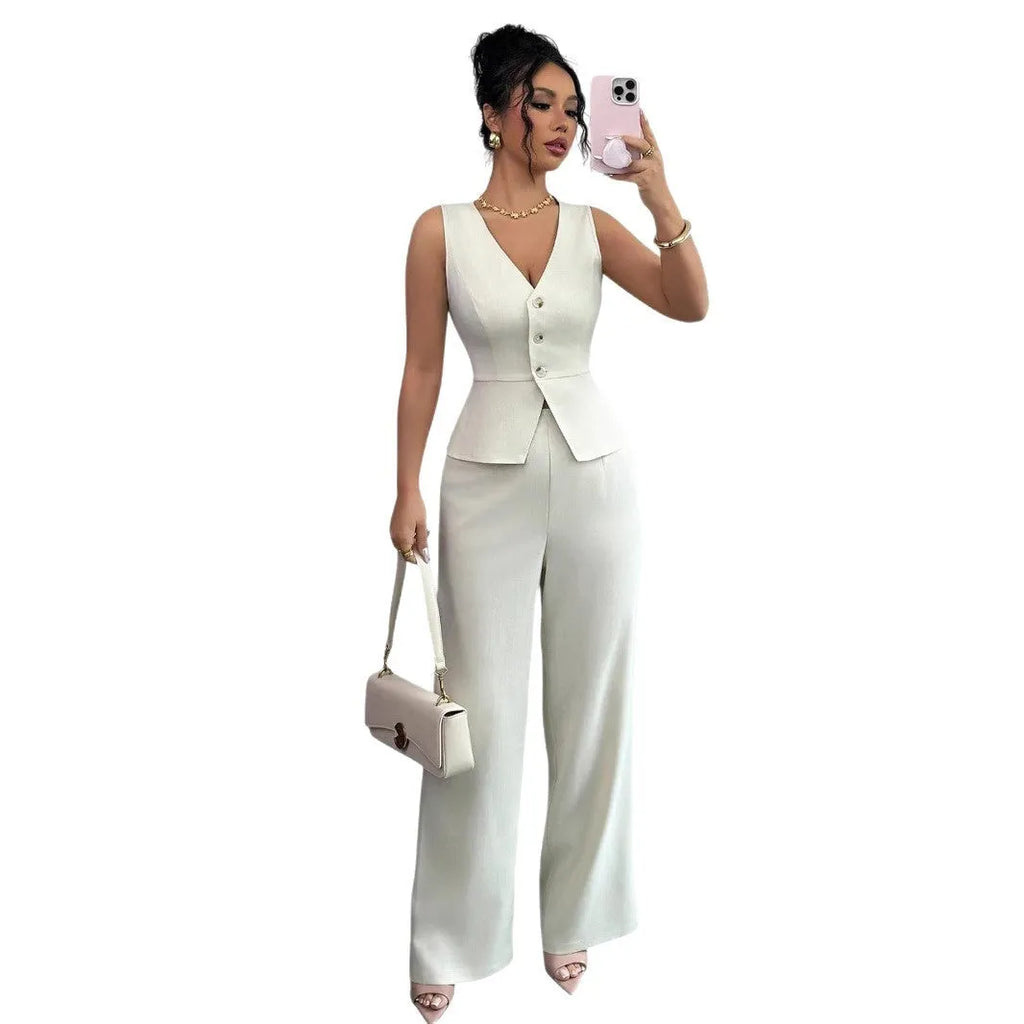 Women's sleeveless vest and high waist trousers two-piece set in solid colour with slim fit design