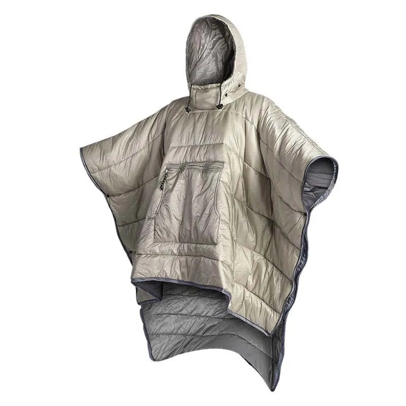 Army green outdoor cloak sleeping bag with wearable design shown in both cloak and sleeping bag configurations