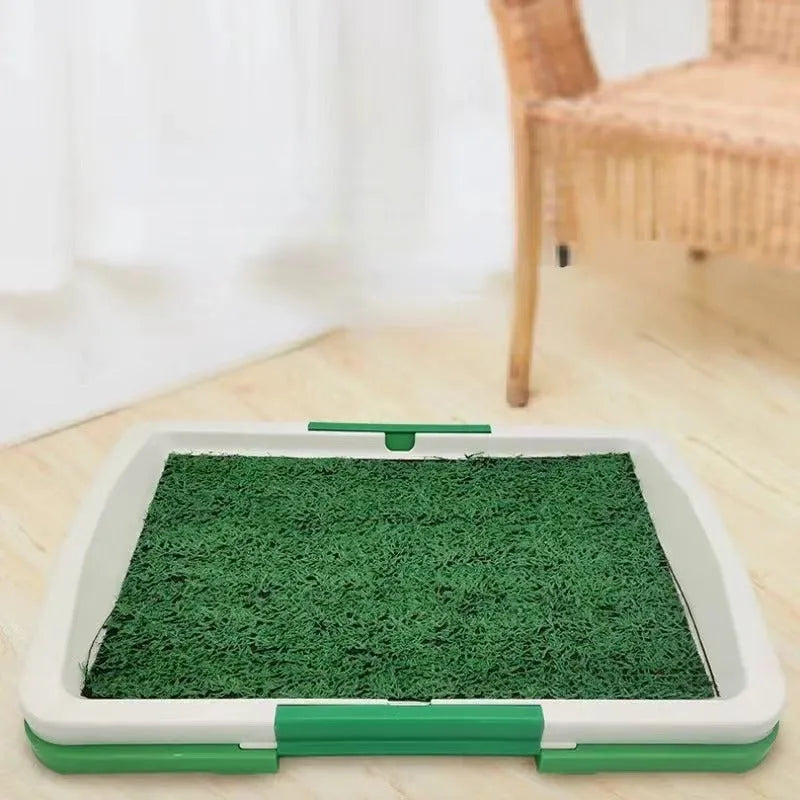 Green synthetic turf dog toilet training tray with removable plastic waste container