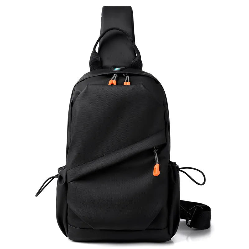 Black mens waterproof polyester crossbody bag with single shoulder strap in casual style