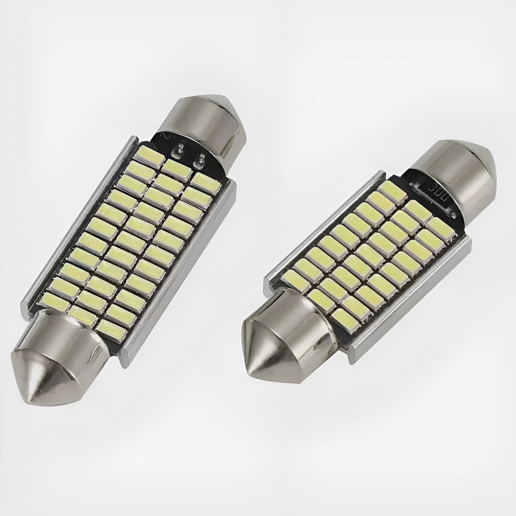 White aluminium double-tip car interior roof light for reading and licence plate.