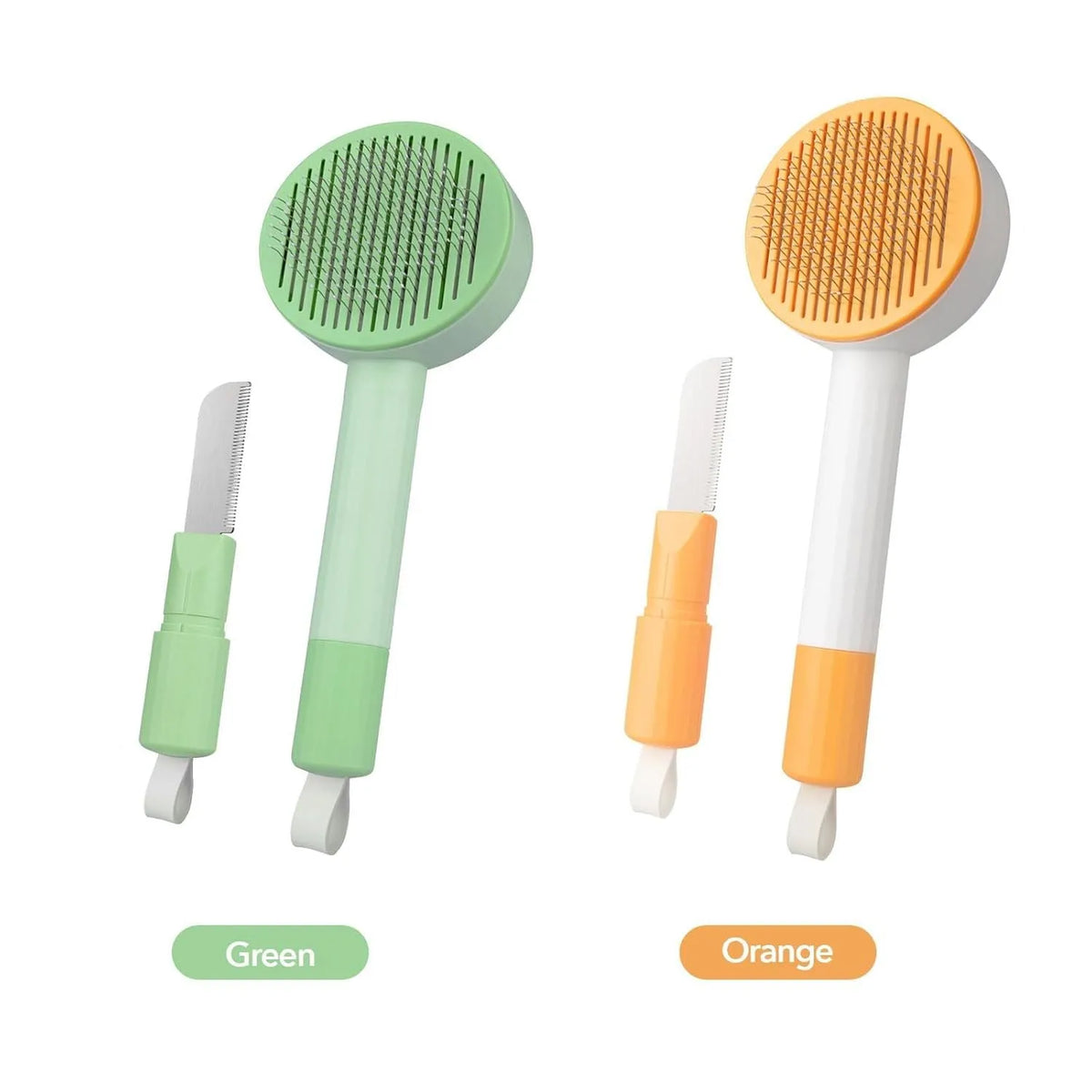 Green and yellow 2-in-1 pet grooming brush with stainless steel teeth for deshedding cats and dogs
