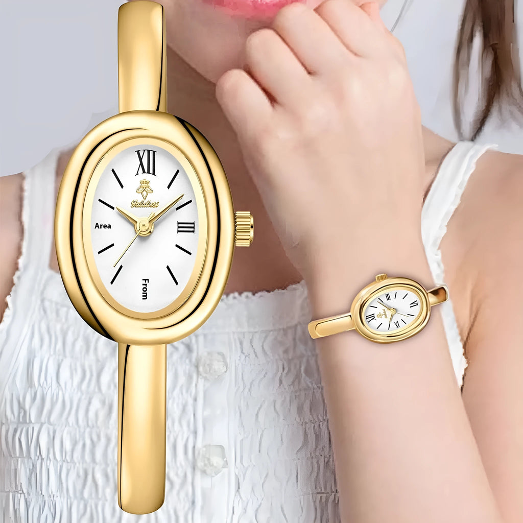 Women's oval retro quartz watch with 8mm thickness showing gold and spiral pattern colour options