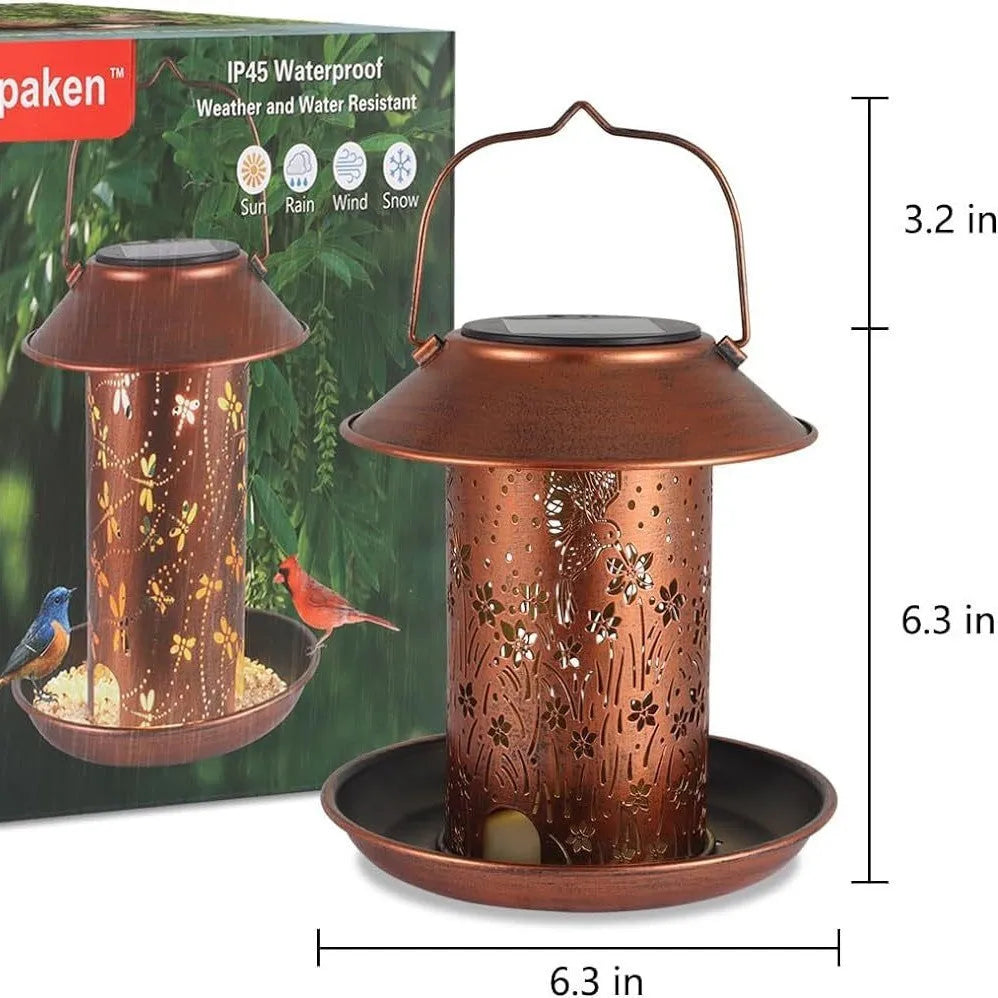 Solar-powered iron art hummingbird pattern garden lamp feeder with waterproof outdoor design