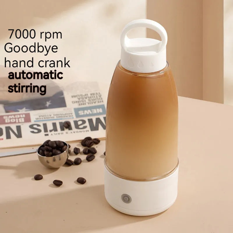 Automatic electric shaker bottle with handle, USB charging port, in green, pink, or white colour options.