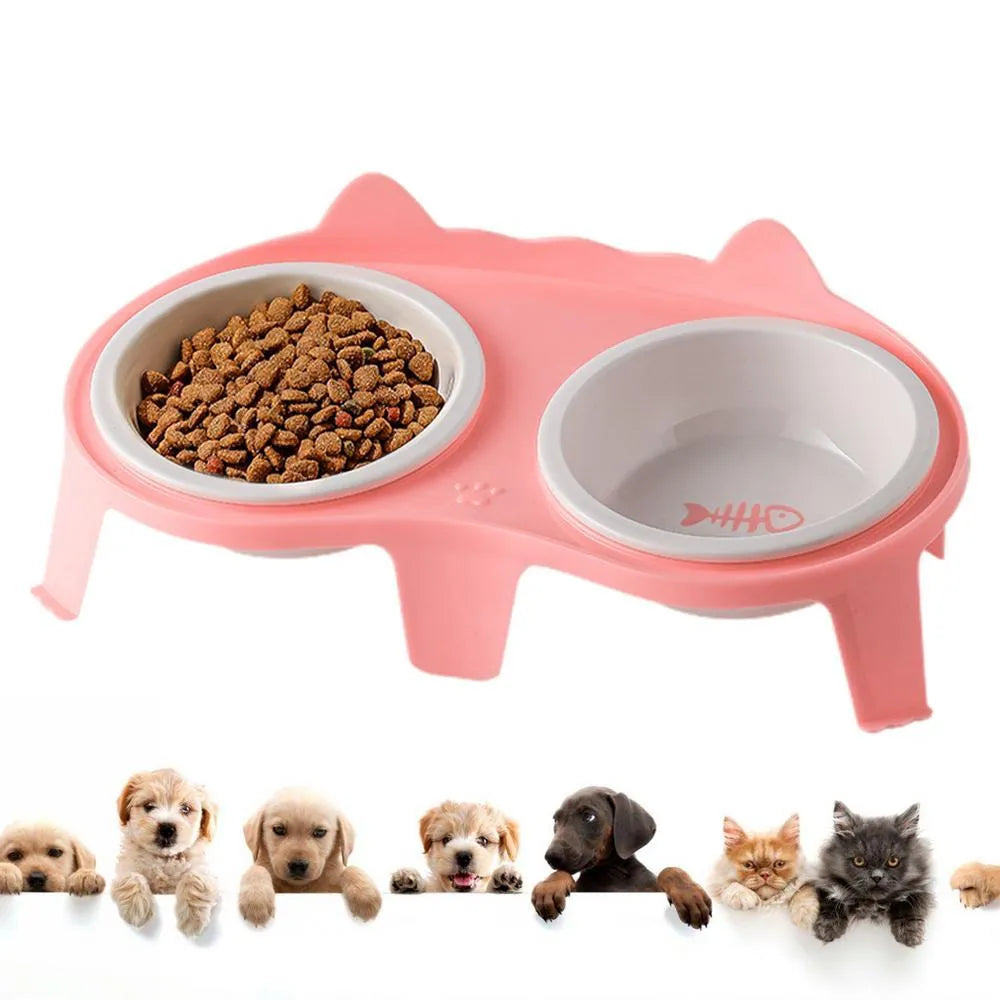 Ceramic cat bowl set on ABS stand with hook, in blue, pink, white or yellow