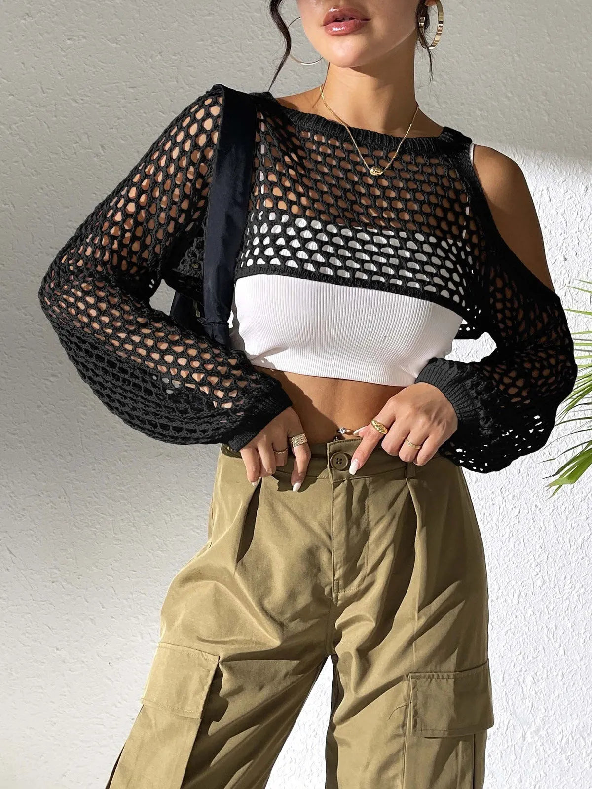 Imitation cotton mesh shirt with hollowed navel design in army green colour.