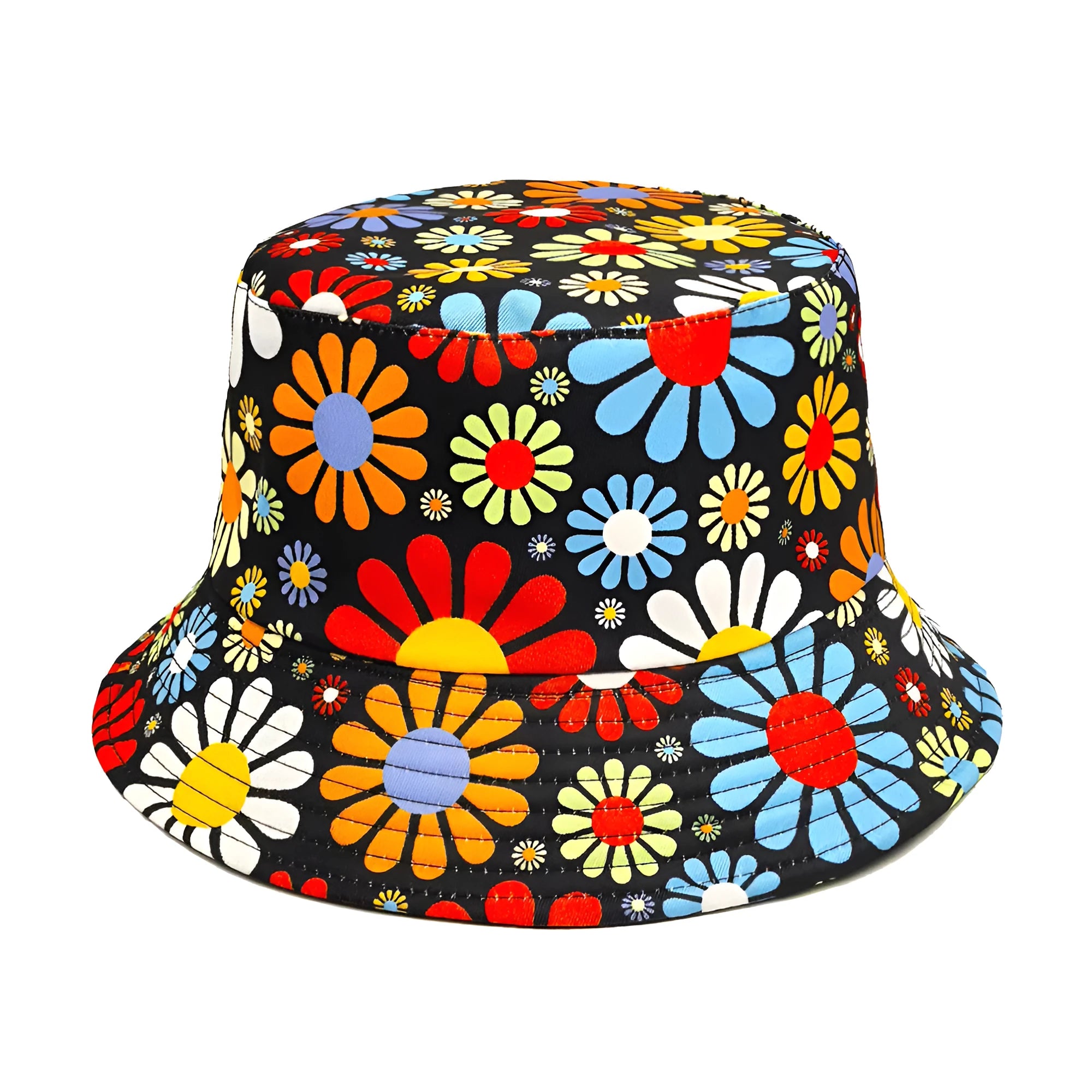 Floral pattern polyester bucket hat with dome crown in size M for sun protection