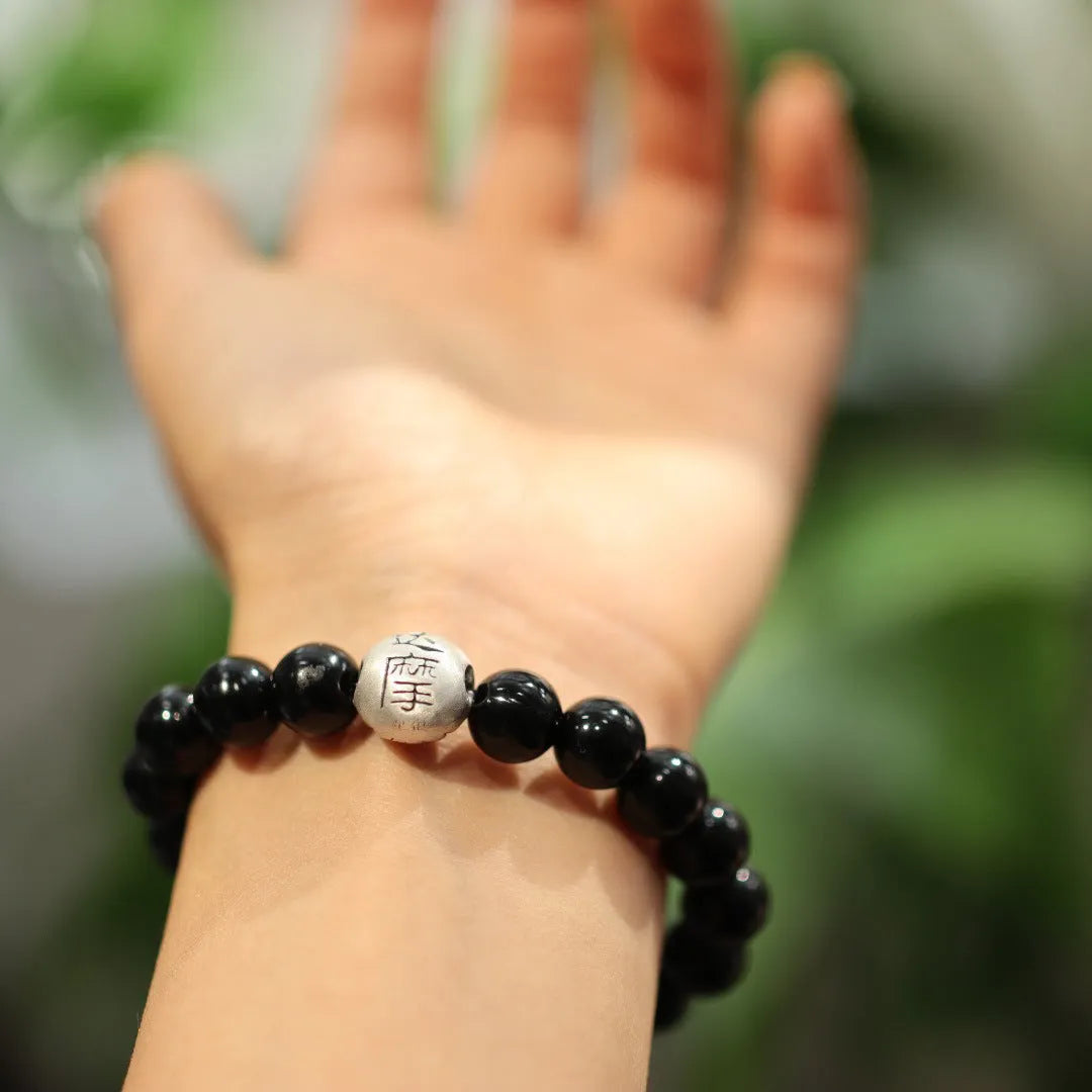 Black agate bracelet with sterling silver components in Chinese jewellery style