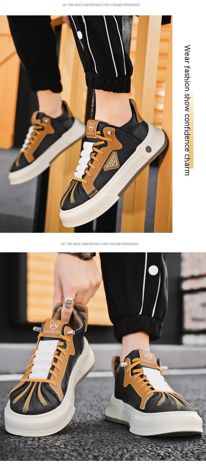 Men's beige and black elastic band casual sneakers with microfiber upper and mesh lining for hiking and leisure activities