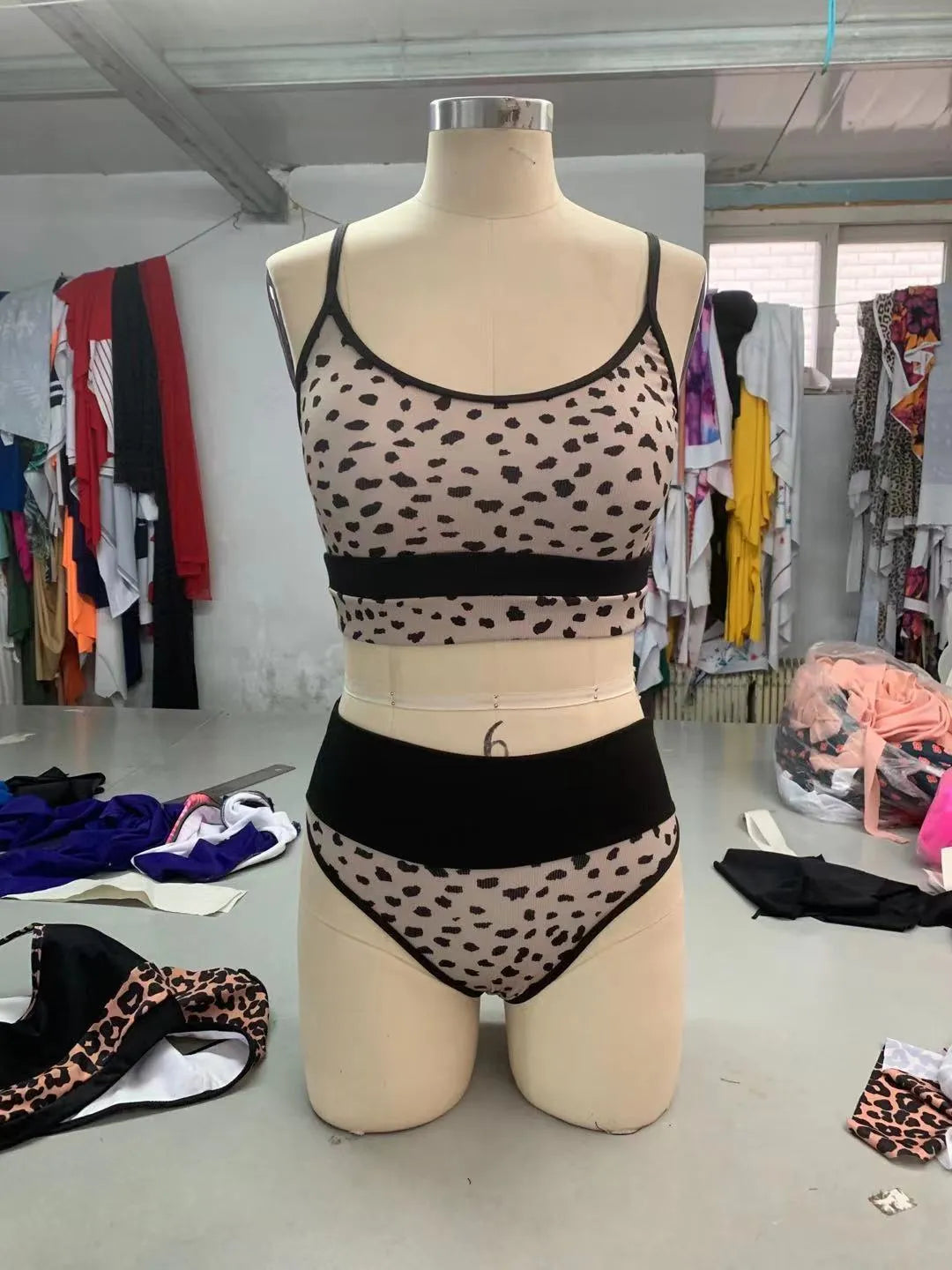 Women's high waist leopard print bikini swimsuit with split leg design
