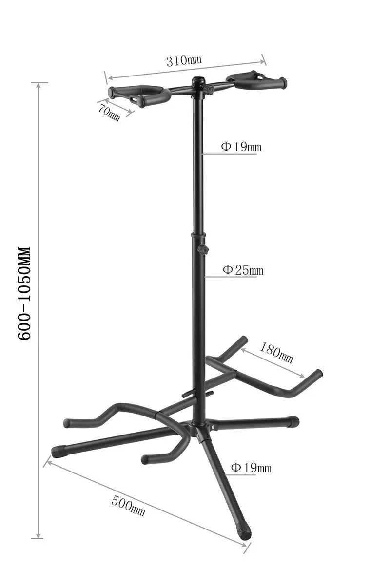 Black iron vertical double-headed adjustable guitar stand for acoustic and electric instruments