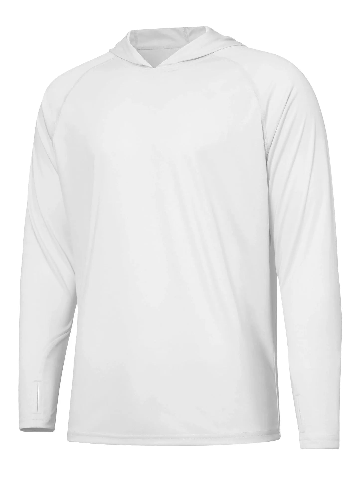 Man wearing a thin grey long sleeve hooded outdoor top for UV protection during fishing or hiking.
