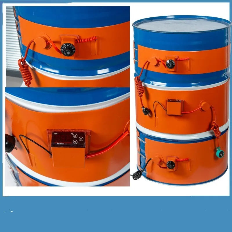 Silicone rubber heating belt wrapped around a 200-litre oil drum with digital thermostat display.