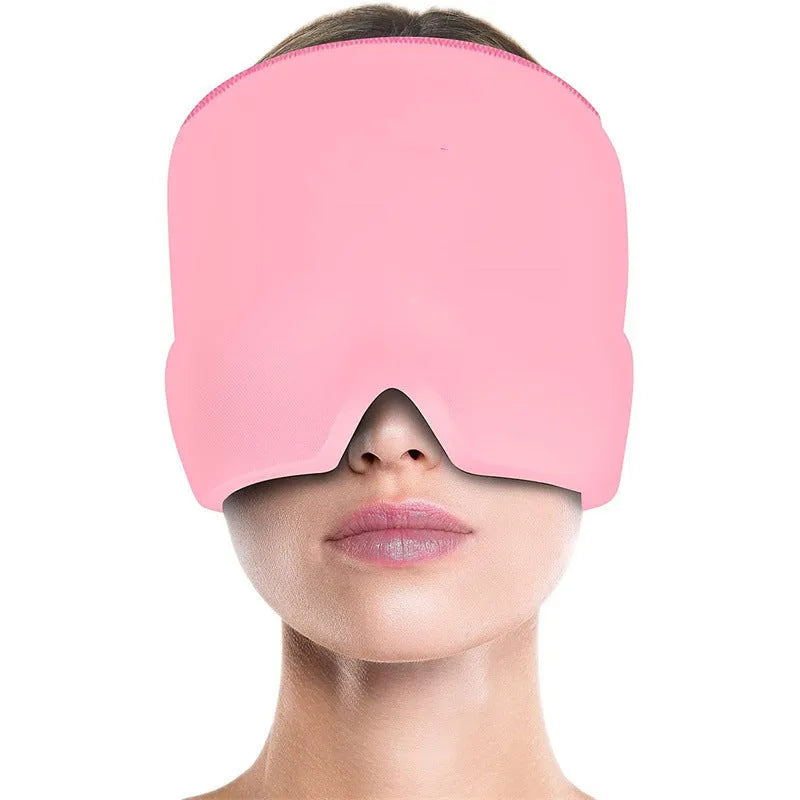 Black elastic cloth gel cooling eye mask for headache relief, shown with adjustable strap.
