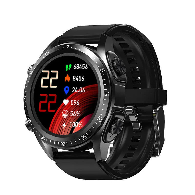 Black smart watch with health monitoring on a silicone wrist strap, showing its touch screen.