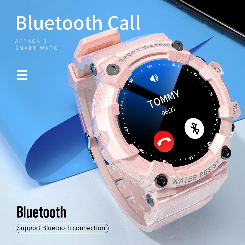 ATTACK 3 IP67 waterproof smart sports watch in black, white, or pink with round 1.28-inch screen and TPU strap.