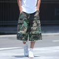 Men's loose-fitting cotton camouflage shorts in a cropped, retro workwear style