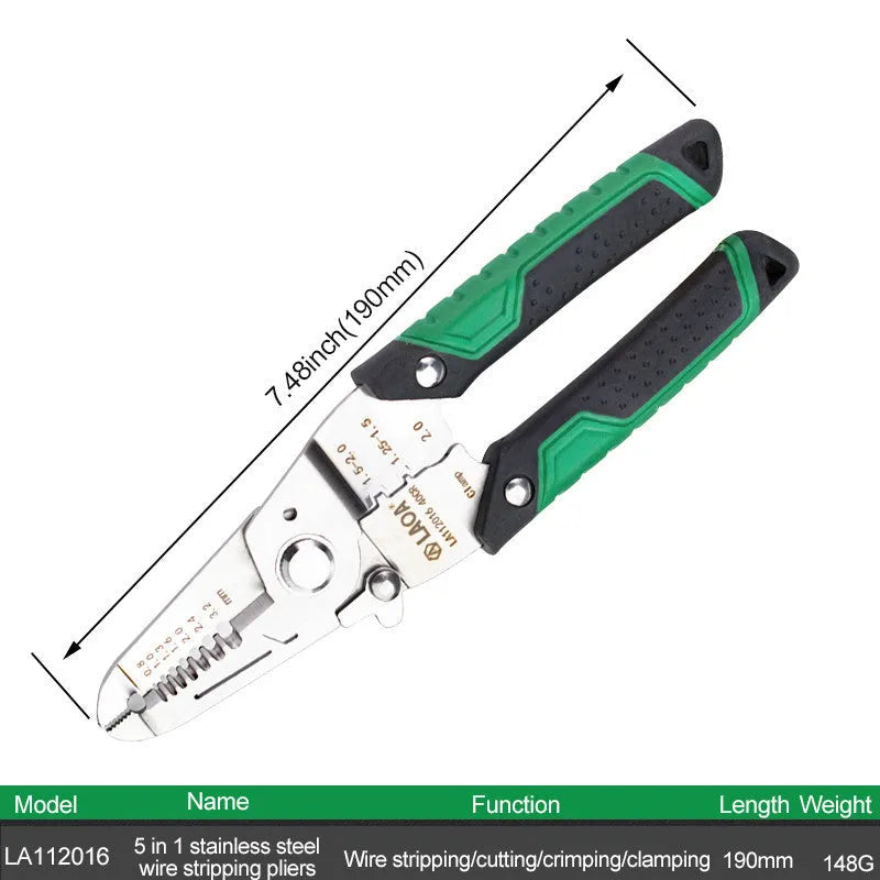 Stainless steel multifunctional wire stripper with two-colour ABS handle, showing seven different wire stripping ports.