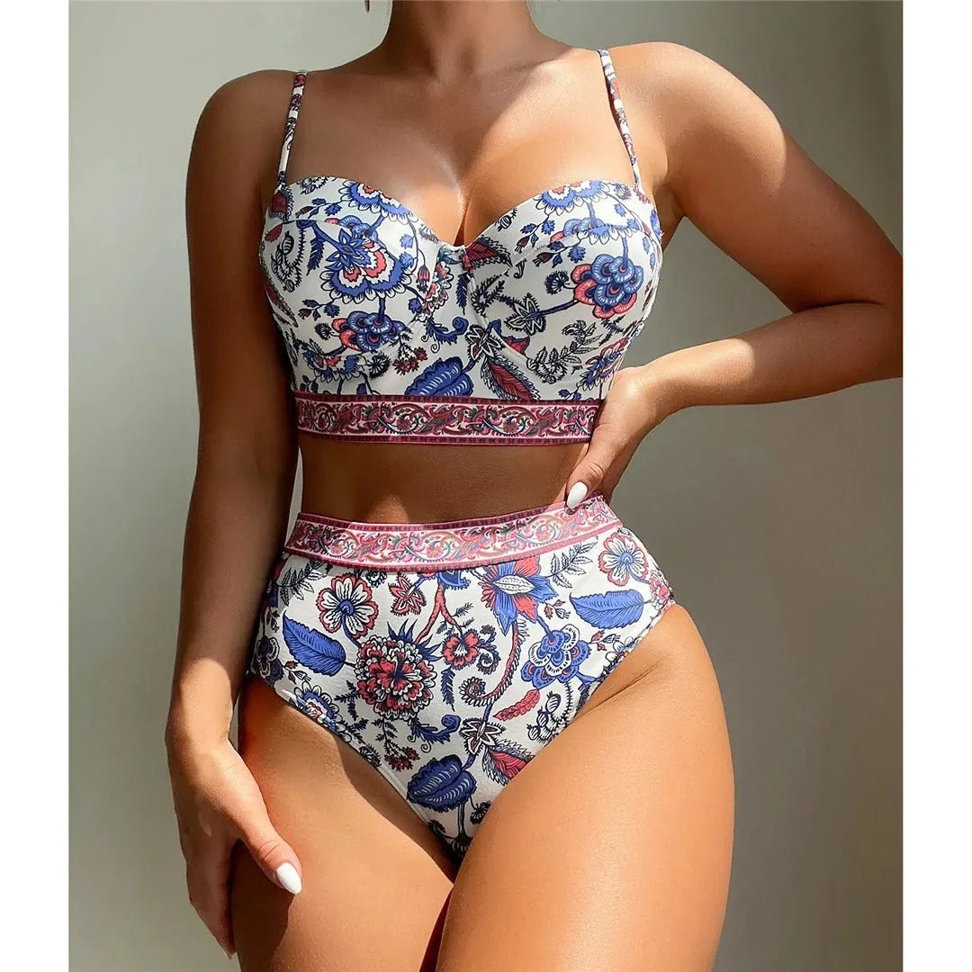 Blue women's high waist bikini with push-up top on a mannequin.