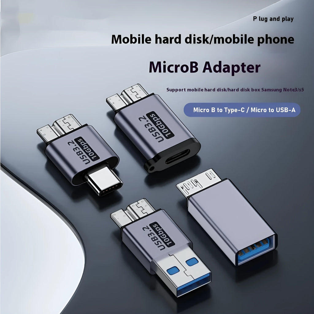 Close-up of a USB A Male to Micro B Female adapter on a white background.