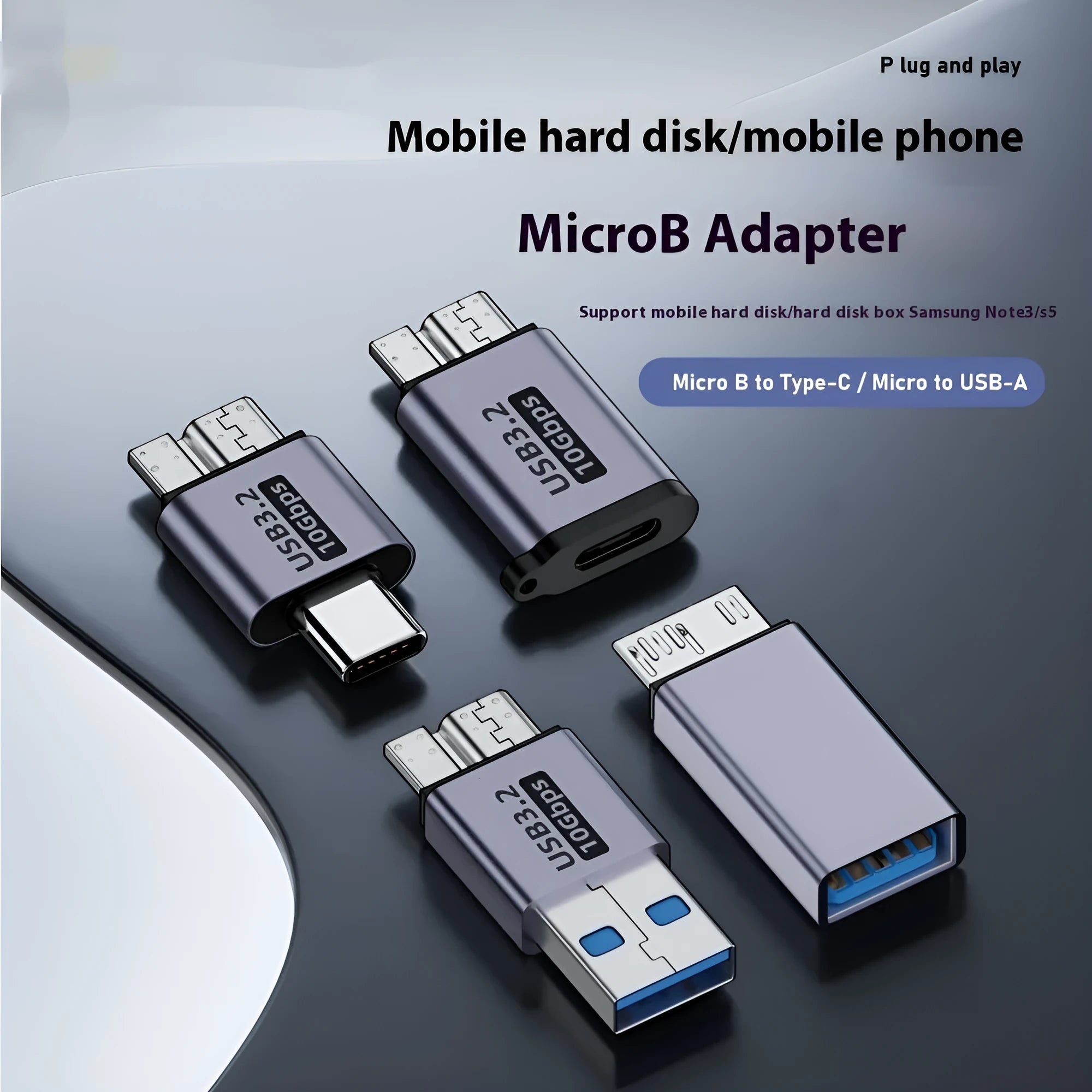 Close-up of a USB A Male to Micro B Female adapter on a white background.