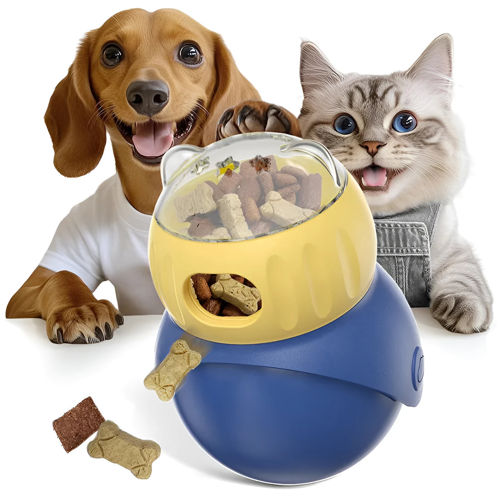 Morandi yellow and blue owl-shaped plastic tumbler cat puzzle feeder for self-service food dispensing