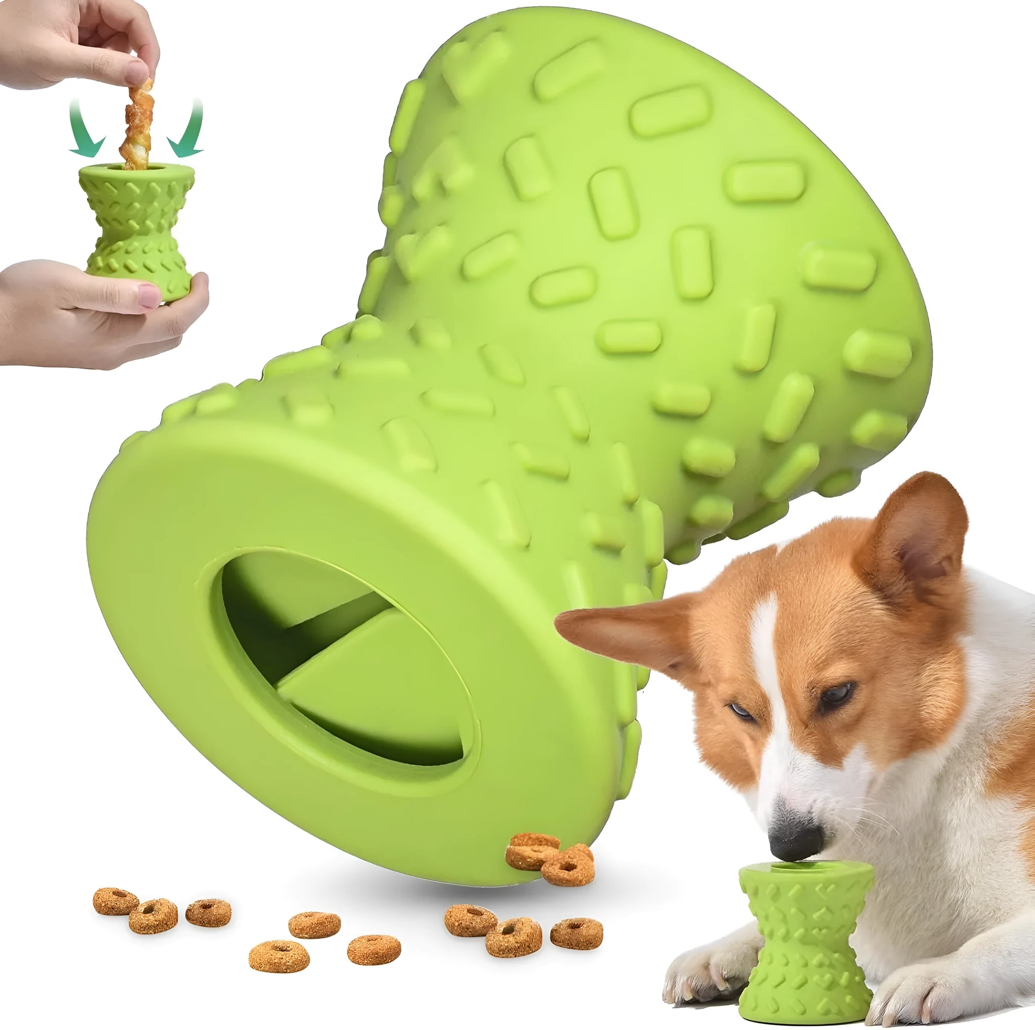 Blue natural rubber bone-shaped dog toy with treat holes for interactive chewing.