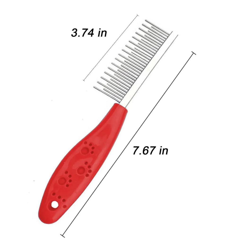 Red pet grooming comb with stainless steel short and long teeth for removing tangles and mats