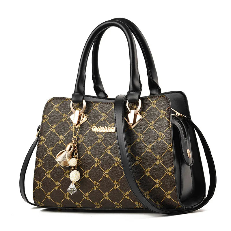 Women's geometric pattern messenger bag in PU material with multiple internal compartments and zipper closure