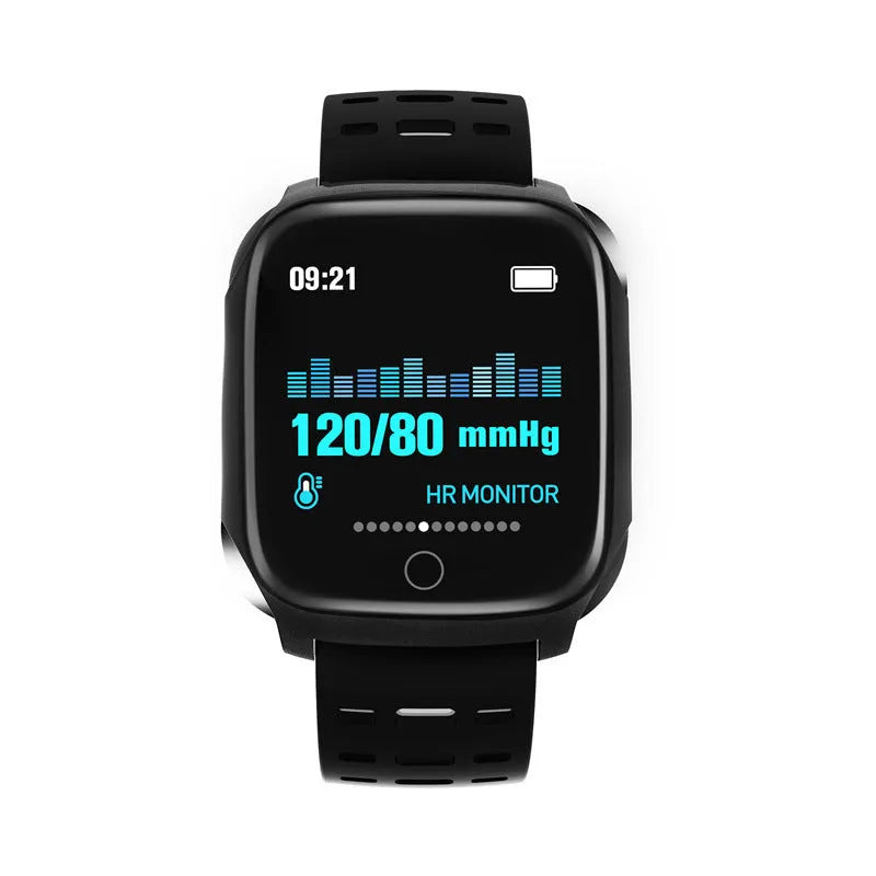 F16 Smart Watch in black grey colour on a silicone wristband, showing the IPS touchscreen display.
