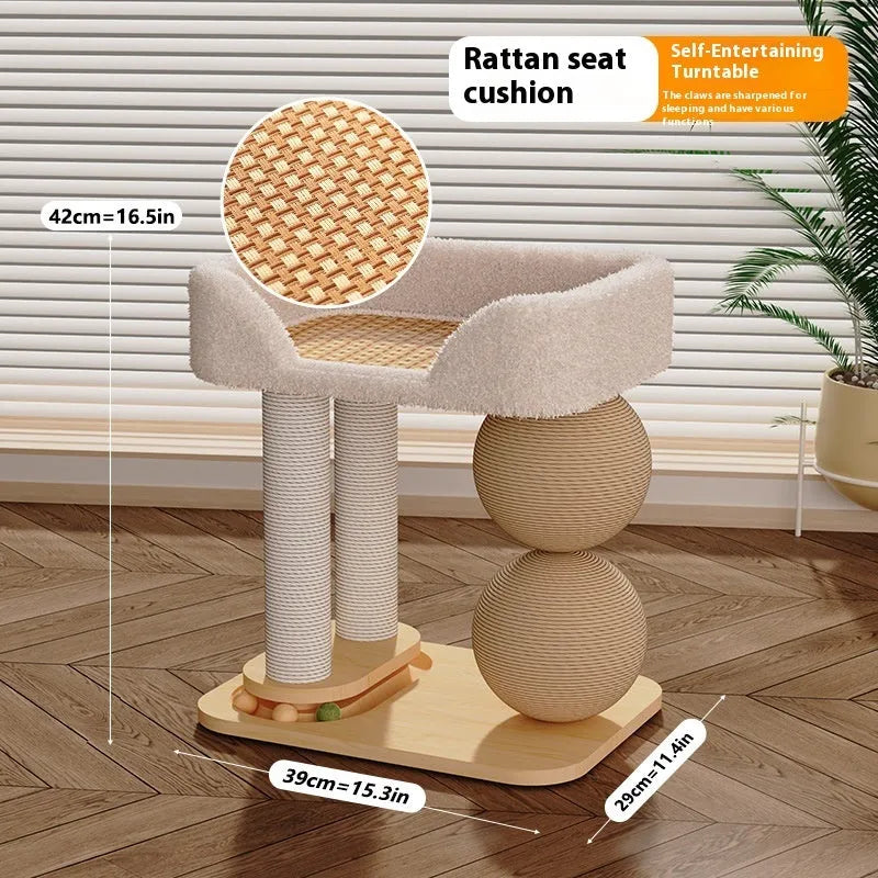 A simple pine wood cat nest with a sisal scratching ball on one side and a fabric summer mat on the other.