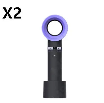 Compact portable bladeless fan in chosen colour on its base, with USB cable for charging.
