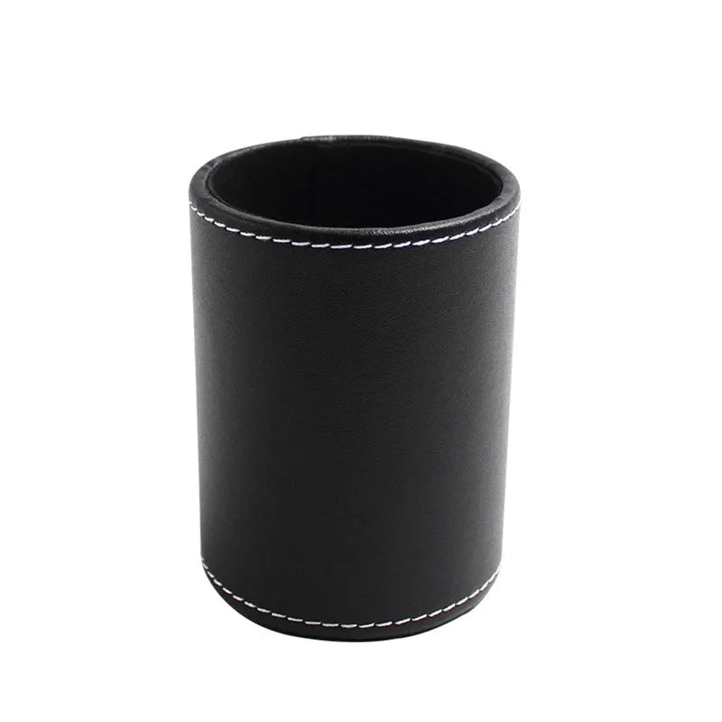 Black leather round pen holder showing cylindrical shape with 8.0cm diameter and 10.8cm height dimensions