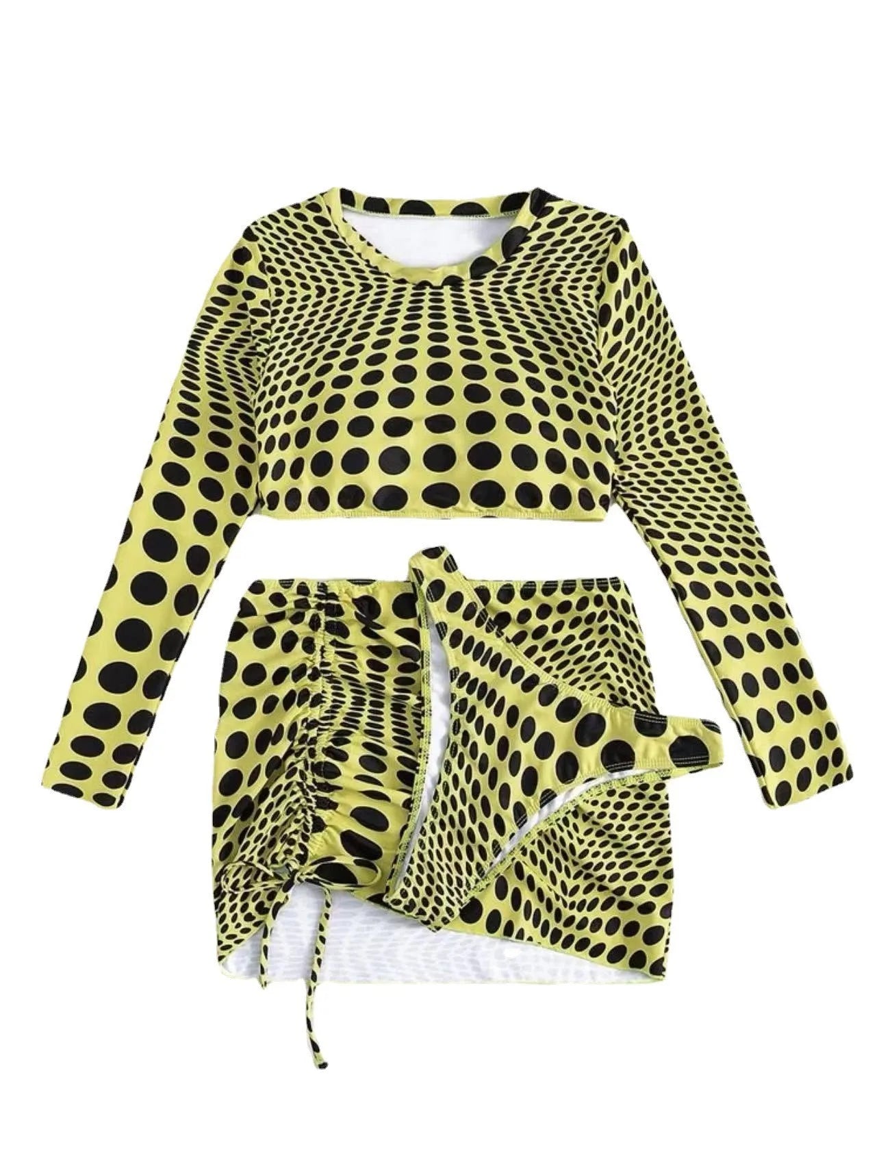 Women's green polka dot swimsuit three-piece set showing top, skirt and bra components