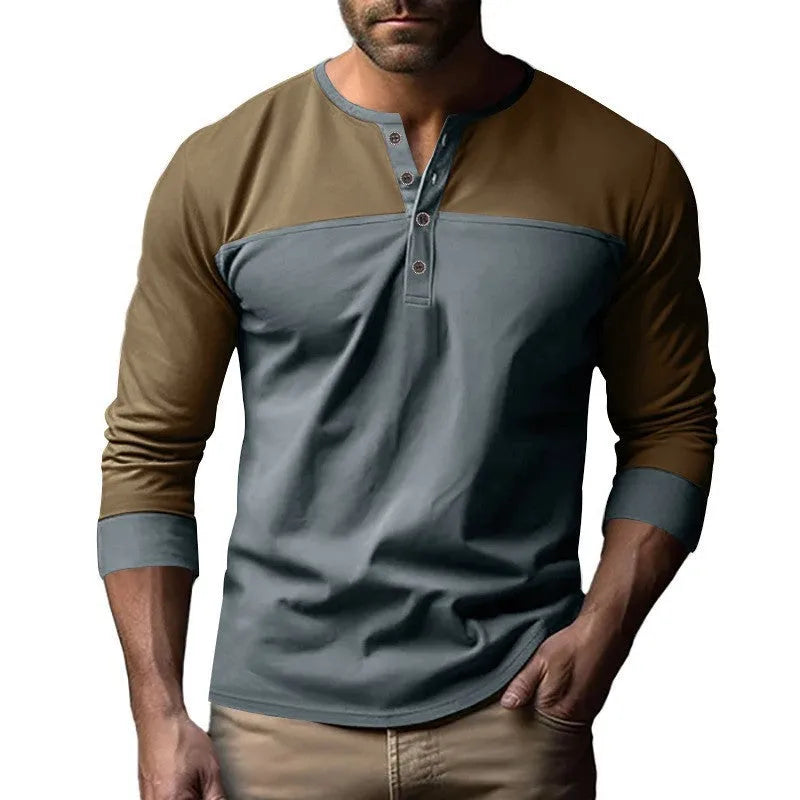 Men's long sleeve T-shirt with Henry collar in beaded twill fabric