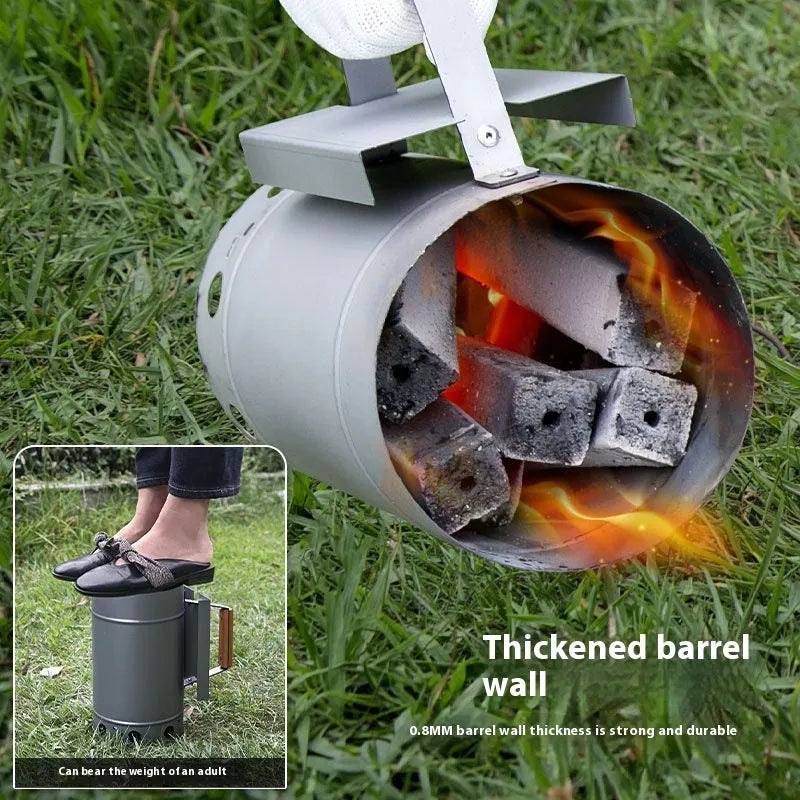 Zinc-iron alloy outdoor charcoal fire starter tool in carbon bucket style with oven igniter.