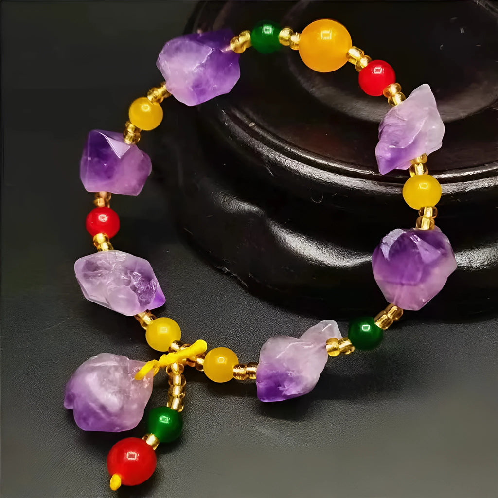 Natural shaped amethyst bracelet with fu character decoration for women's jewellery and gifting.