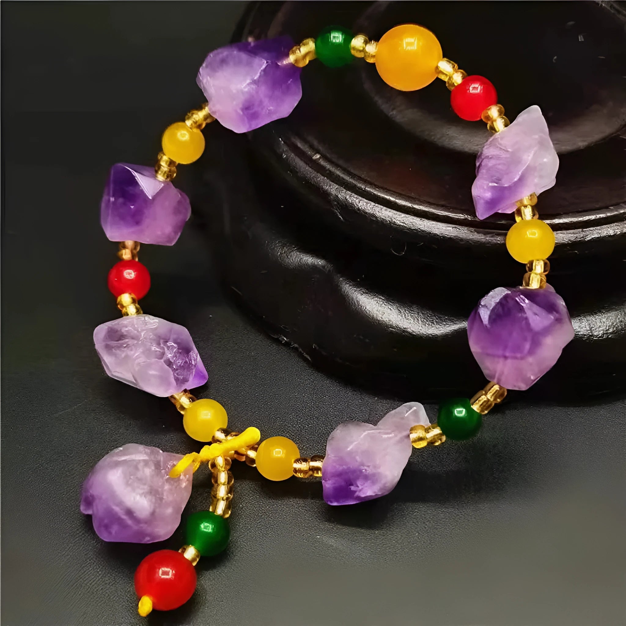 Natural shaped amethyst bracelet with fu character decoration for women's jewellery and gifting.