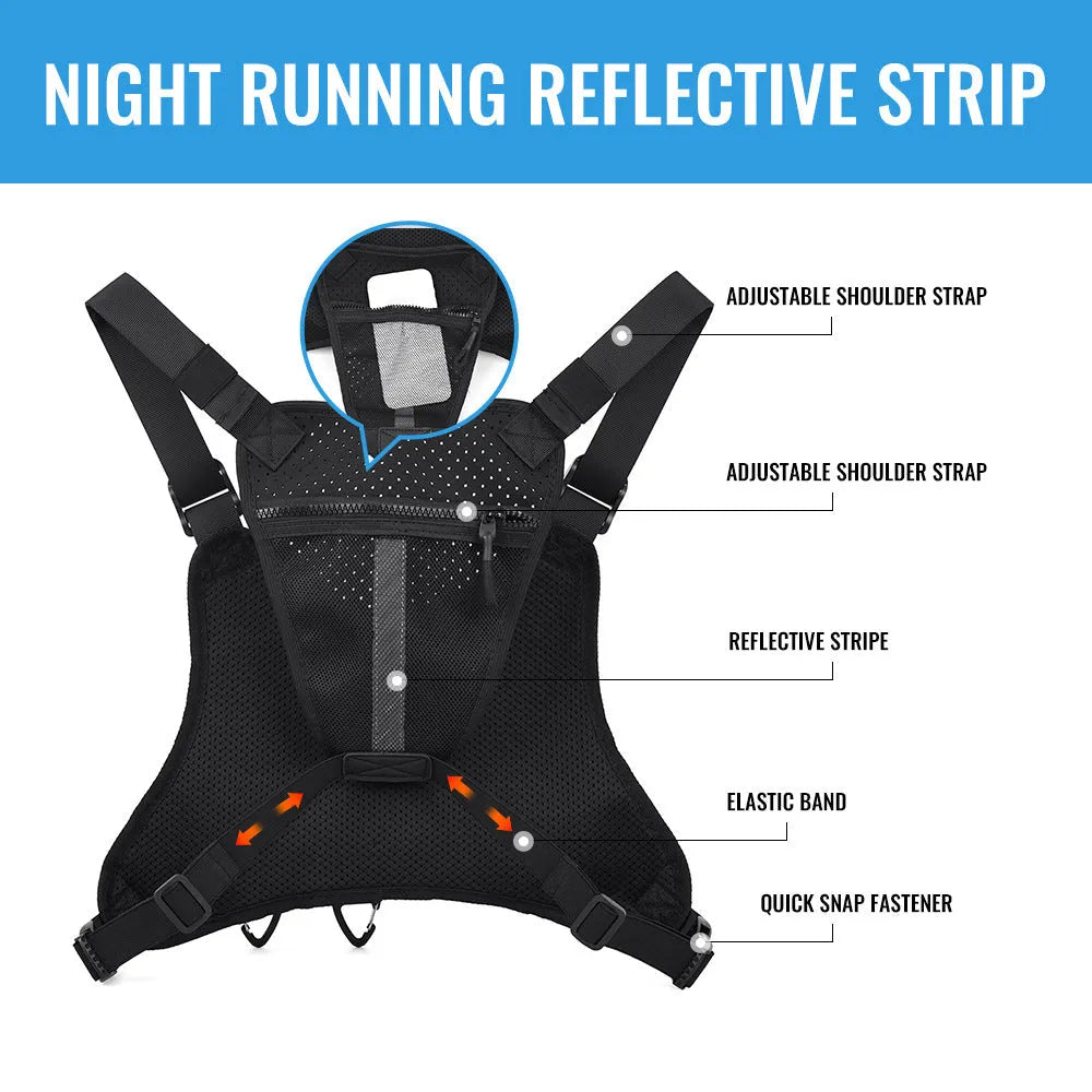 Black Oxford cloth chest bag with breathable vest straps and visible stitching.