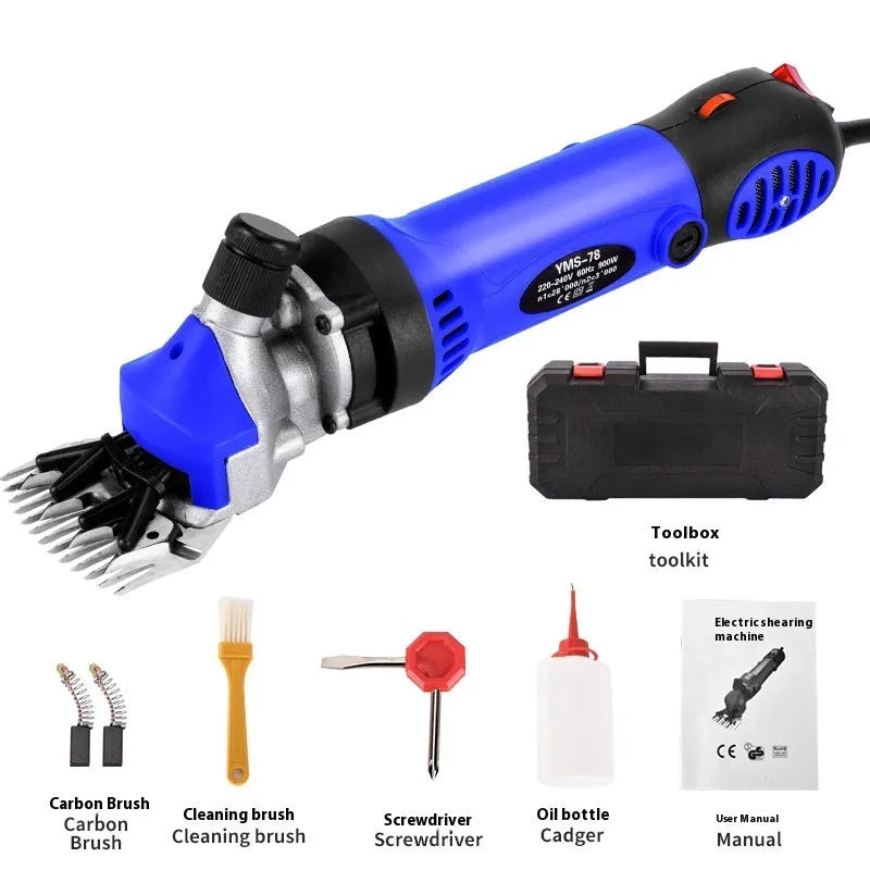 Yellow electric wool shears with 110V plug, multiple blade sets, and maintenance tools in plastic storage box