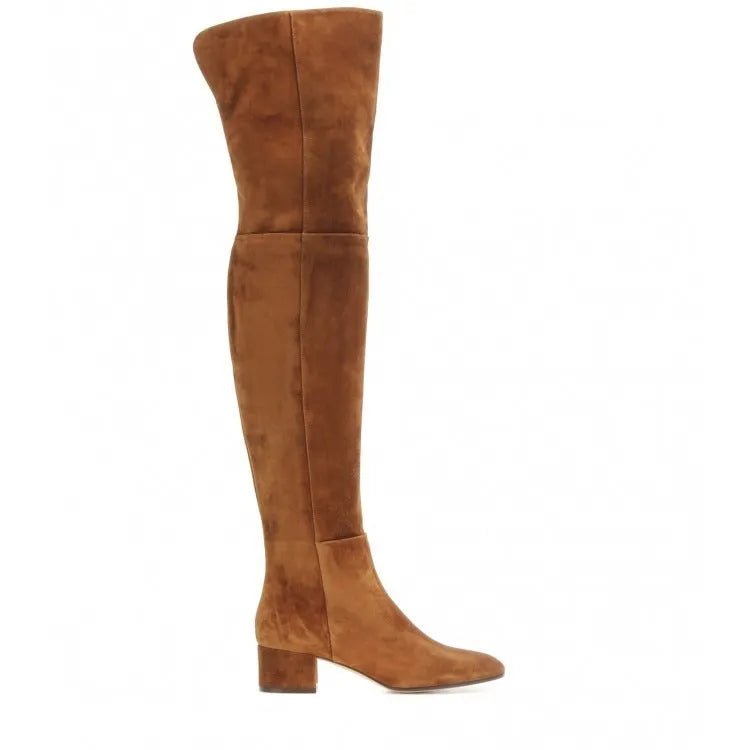 Grey suede women's flat over-the-knee boots with a pointed toe and thick low heel.