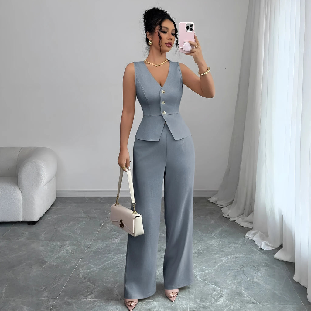 Women's sleeveless vest and high waist trousers two-piece set in solid colour with slim fit design