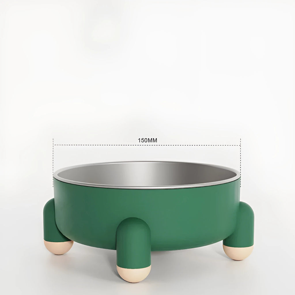 Stainless steel pet bowl with high feet in green, pink, or white colour options