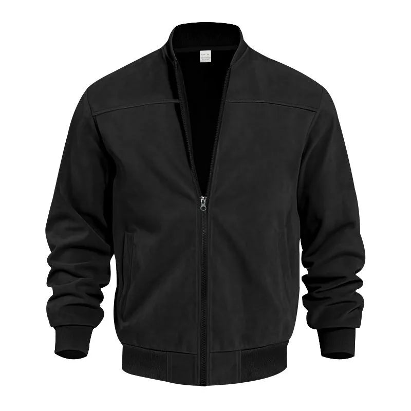 Men's army green suede casual jacket with zipper front on a hanger